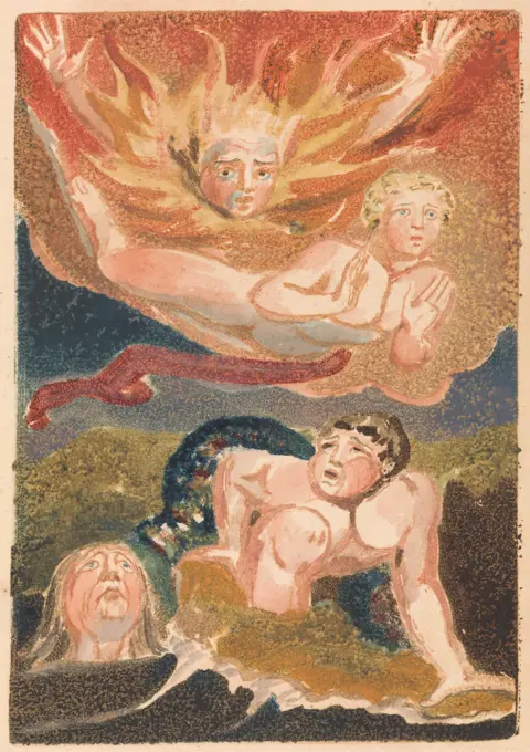 Print made by William Blake, 1757-1827, British, The First Book of Urizen, Plate 22 (Bentley 24), 1794. Color-printed relief etching in orange-brown with watercolor on moderately thick, slightly textured, cream wove paper.