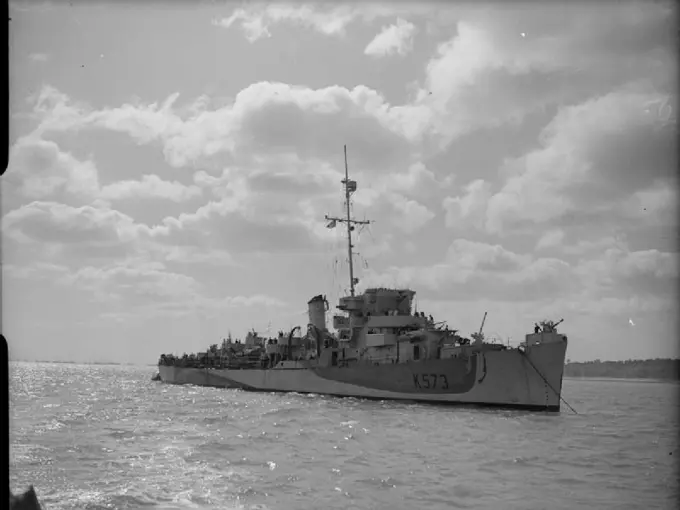 The Royal Navy during the Second World War HMS STAYNER, Captain Class Frigate and anti-E-Boat warship at anchor. She helped patrol the beaches during the Normandy landings on and after D Day.