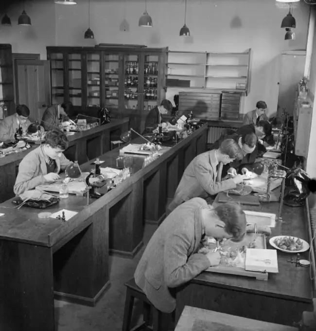 Catholic Public School- Everyday Life at Ampleforth College, York, England, UK, 1943 Boys study zoology in one of the laboratories at Ampleforth College. According to the original caption, many Ampleforth boys go on to become doctors.