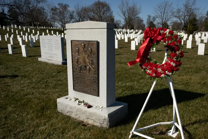 The Space Shuttle Challenger Memorial is seen after a wreath laying ceremony that was part of NASA's Day of Remembrance, Thursday, Jan. 28, 2021, at Arlington National Cemetery in Arlington, Va. Wreaths were laid in memory of those men and women who lost their lives in the quest for space exploration.