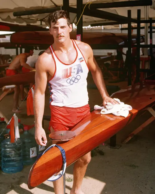 Army Captain David L. Gilman from Oakland Army Base, California, a member of the kayak team competing at the 1984 Summer Olympics. Base: Lake Casitas State: California (CA) Country: United States Of America (USA)