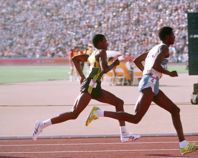 AIRMAN 1ST Class Owen Hamilton from Wright-Patterson Air Force Base, Ohio, represents Jamaica in the 800 meter track and field team event at the 1984 Summer Olympics. Base: Los Angeles State: California (CA) Country: United States Of America (USA)