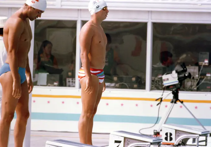 Cadet Brian A. Farlow, right, from the US Military Academy, West Point, NY, is representing the Virgin Islands in the swimming competition at the 1984 Summer Olympics. Base: Los Angeles State: California (CA) Country: United States Of America (USA)