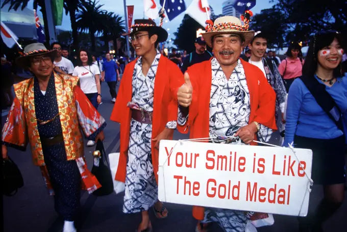 A group of Japanese expatriates, wearing traditional dress, wander through Olympic Park on their way to an evening event. Numerous US Department of Defense personnel are taking part in the Olympics, from coaches and support staff to athletes in various venues. Base: Sydney State: New South Wales Country: Australia (AUS)