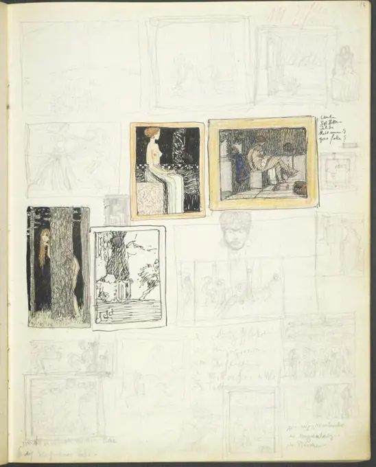 Alexander Rothaug Different sketches. Pencil; Ink feather; Feder in brown; color pencil around 1900