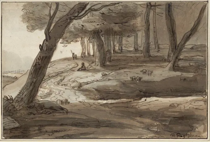 Roelant Roghman Walring edge with path and shepherd. Feder in brown, brown and gray lavated, over black chalk, white cover color frühe 1660er Jahre