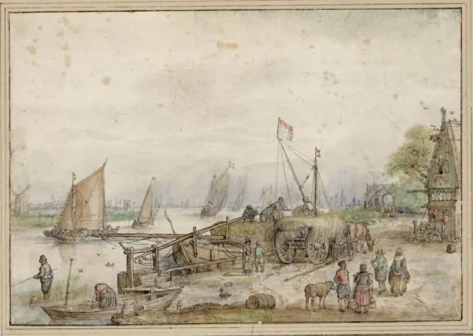 Hendrick Avercamp Judging point with a tavern at a river mouth. Feder in brown over graphite pencil, watercolor, white cover color; Brown spots throughout the top. before 1620