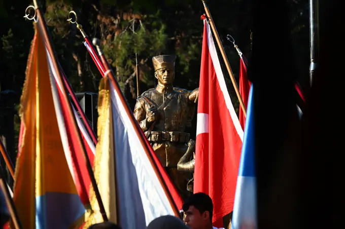 Statues of Mustafa Kemal Atatürk decorate Atatürk Park during the Atatürk Memorial Day Ceremony in Adana, Türkiye, Nov. 10, 2022. In commemoration of 84th anniversary of the death of Mustafa Kemal Atatürk, the founder and first president of the modern-day Republic of Türkiye, the 10th Tanker Base Command and the 39th Air Base Wing paid tribute to Atatürk. Atatürk is credited with the birth and modernization of Türkiye and his accomplishments are celebrated throughout the nation. During this day of remembrance, the entire country of Türkiye pauses for two minutes at 9:05 a.m., to symbolize the moment Atatürk passed.