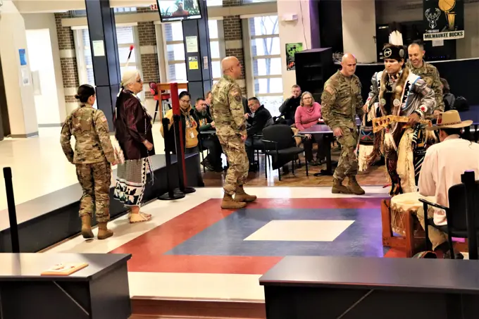 Fort McCoy community members participate in the 2022 Fort McCoy Native American Heritage Month Observance in McCoy's Community Center at Fort McCoy, Wis. The Wisconsin Dells Singers of the Ho-Chunk Nation performed traditional Native music and dances in their regalia for dozens of Fort McCoy community members during the event. November is Native American Heritage Month, or as it is commonly referred to, American Indian and Alaska Native Heritage Month. The month is a time to celebrate rich and diverse cultures, traditions, and histories and to acknowledge the important contributions of Native people.