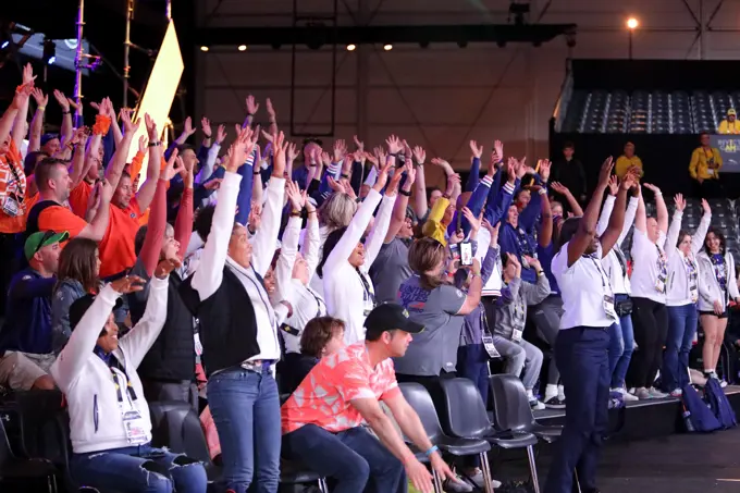 Fans cheer for Team U.S. as they compete in sitting volleyball against Team United Kingdom during the Invictus Games The Hague, Netherlands, April 17, 2022.