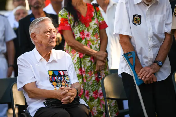 A Victory in Europe Day participant watches during a World War II remembrance ceremony outside the Haut-commissariat de la République Tahiti, French Polynesia, May 8, 2022. The ceremony kicks off the first iteration of exercise Marara 22 at the multinational level.