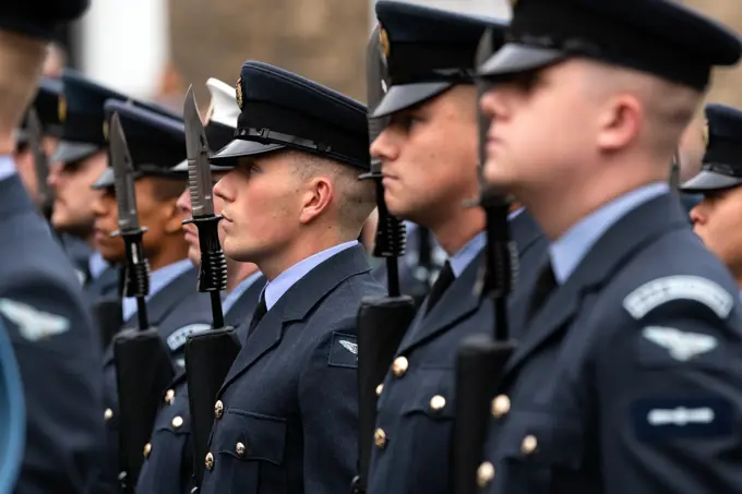 A Royal Air Force regiment stands in formation during a Remembrance Sunday ceremony held at Angel Hill war memorial in Bury St. Edmunds, England, Nov. 13, 2022. The day honored the service and sacrifice of Armed Forces, British and Commonwealth veterans, as well as the allies that fought alongside them in the two World Wars and later conflicts. (U.S. Air Force photo Tech. Sgt. Rachel Maxwell)