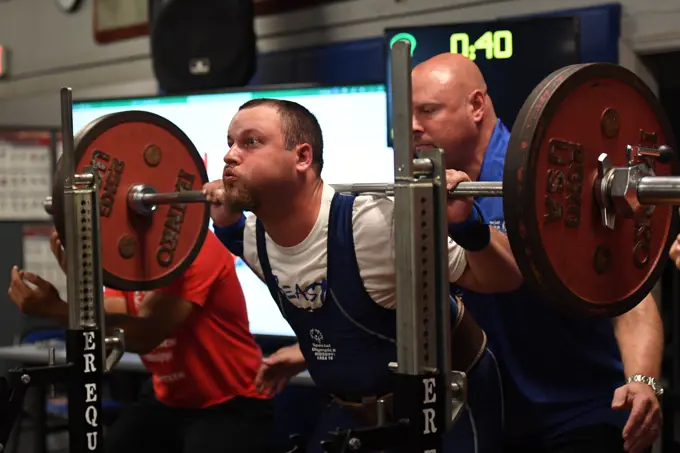 U.S. Air Force Jesse Wims, Area 16 athlete, participates in powerlifting during the Special Olympics Mississippi Summer Games at Keesler Air Force Base, Mississippi, May 14, 2022. Over 600 athletes participated in the Summer Games.