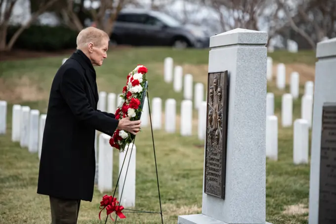 Bill Nelson, administrator, National Aeronautics and Space Administration (NASA), lays a wreath at the Space Shuttle Challenger Memorial at Arlington National Cemetery, Arlington, Va., Jan. 26, 2023. Nelson was at ANC for the NASA Day of Remembrance, where several wreaths are laid at memorials and gravesites in memory of those men and women who lost their lives furthering the cause of exploration and discovery.