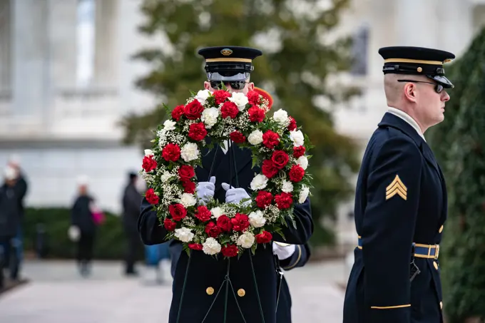 Tomb guards from the 3d U.S. Infantry Regiment (The Old Guard) support a Public Wreath-Laying Ceremony at the Tomb of the Unknown Soldier at Arlington National Cemetery, Arlington, Va., Jan. 26, 2023. The wreath was laid by Bill Nelson, administrator, National Aeronautics and Space Administration (NASA) who was at ANC for the NASA Day of Remembrance, where several wreaths are laid at memorials and gravesites in memory of those men and women who lost their lives furthering the cause of exploration and discovery.