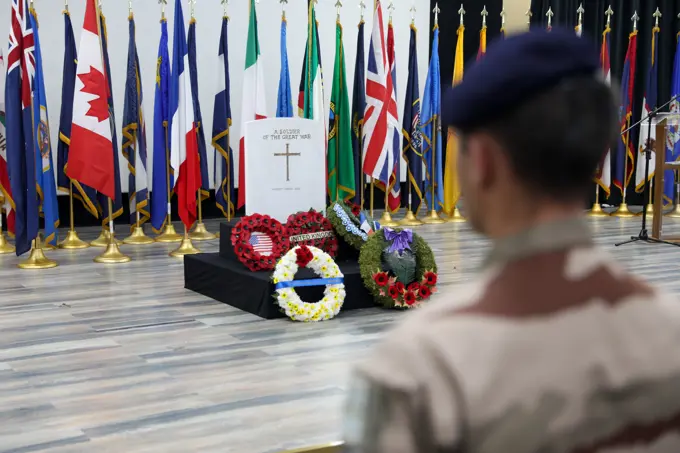 Members of ASG- Kuwait attend a Remembrance/Armistice/Veterans Day Ceremony at Camp Arifjan, Kuwait on Nov. 11, 2022. On the eleventh hour, of the eleventh day, on the eleventh month members of partner armed forces at Camp Arifjan came together to remember all of those who have served, currently serving, or gave the ultimate sacrificing while serving. As the anniversary of the end of the First World War, Nov. 11 is a day of remembrance for many nations around the world including Veteran's Day for the U.S.