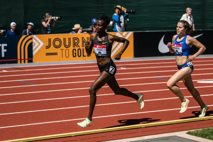 Spc. Ednah Kurgat, a Track & Field Soldier-athlete assigned to the World Class Athlete Program, competes in the Women's 5,000m at the 2022 USA Track and Field Outdoor Championships, Eugene, Oregon, June 23-26, 2022.