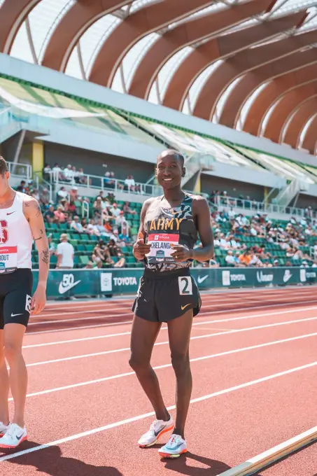 1st Lt. Sam Chelenga, a Track & Field Soldier-athlete assigned to the World Class Athlete Program, competes in the Men's 5000m at the 2022 USA Track and Field Outdoor Championships, Eugene, Oregon, June 23-26, 2022.