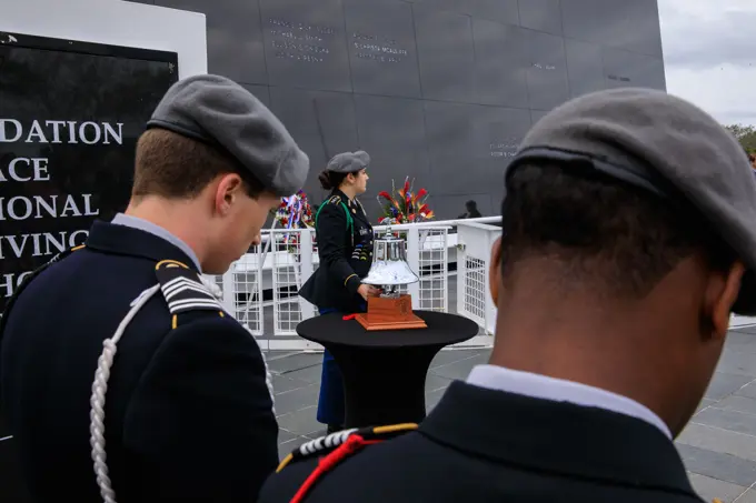 Day of Remembrance 2023. Members of the Viera High School JROTC Honor Guard observe a minute of silence during the Day of Remembrance ceremony at the Kennedy Space Center Visitor Complex in Florida on Jan. 26, 2023. The event honored the crews of Apollo 1 and space shuttles Challenger and Columbia, as well as other astronauts who lost their lives in the pursuit of spaceflight. This year marks the 20th anniversary of the Columbia tragedy. This years ceremony was hosted by the Astronauts Memorial Foundation, which was founded after the shuttle Challenger accident in 1986 to honor the sacrifices of fallen astronauts each year.