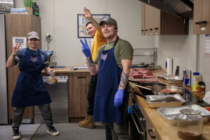 U.S. Army Sgt. Victoria Mirabile, Pfc. Douglas Thrower, and Staff Sgt. Daniel Price, all assigned to the 3rd Division Sustainment Brigades Task Force Provider, assist in the kitchen by cooking and cleaning during the Martin Luther King Jr. barbecue in Powdiz, Poland, on Jan. 15, 2024. Martin Luther King, Jr. Day, observed on the third Monday of January each year, marks the birthday of the civil rights leader and activist. In 1994, Congress designated Martin Luther King, Jr. Day as a national day of service. The theme of the day, A Day On, Not a Day Off, encourages individuals to dedicate the day to community service in remembrance of Dr. Kings remarkable legacy and to instill his principles of unity and equity throughout the world.