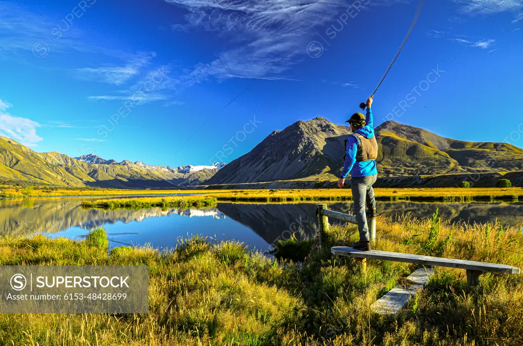 Fly Fishing in New Zealand on the Ahuriri River South Island.