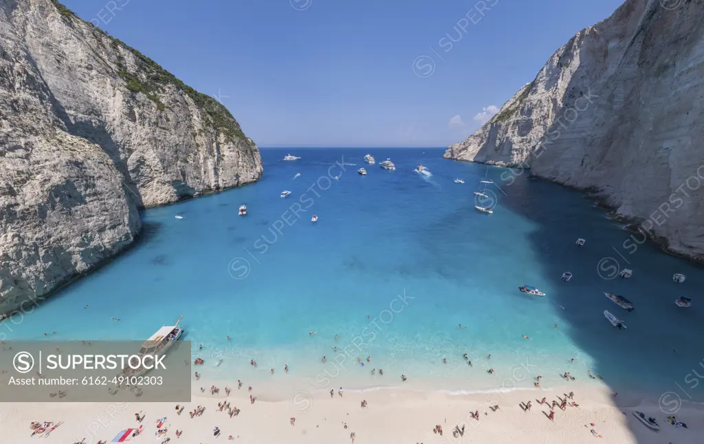 Panoramic aerial view of tourist on the beach on Zakinthos island, Greece.