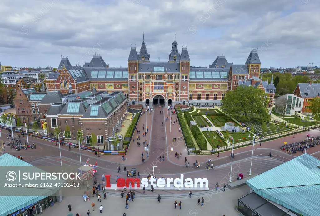 Amsterdam, Netherlands - 15 April 2014: Panoramic aerial view of the Rijksmuseum in Amsterdam.