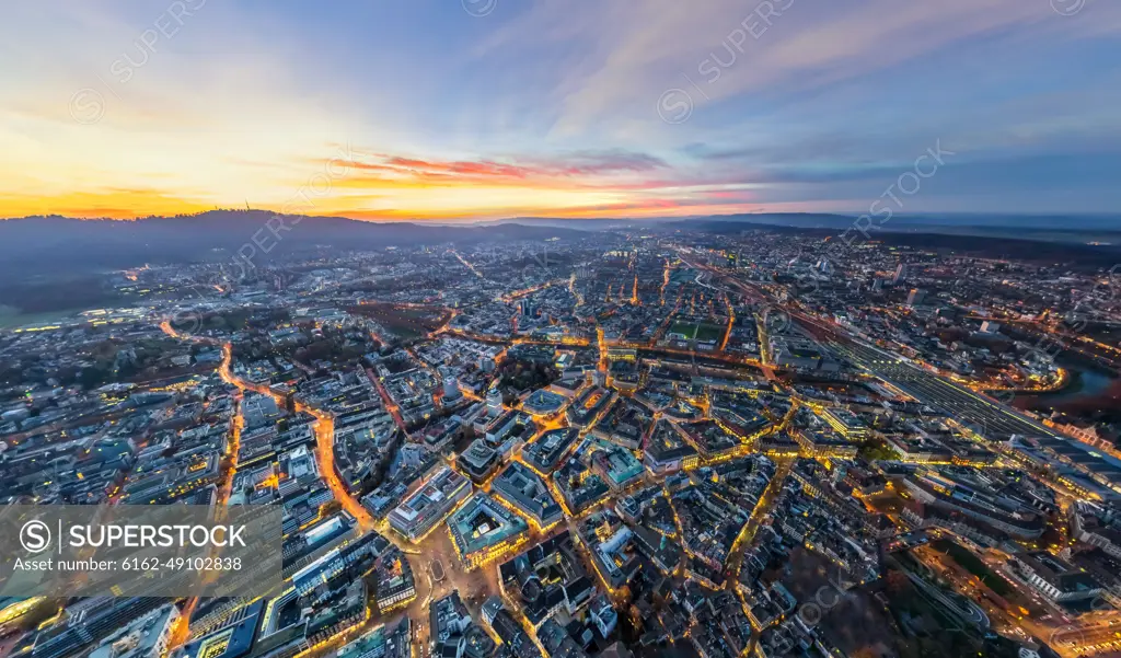 Aerial view of the city of Zurich at night, Switzerland