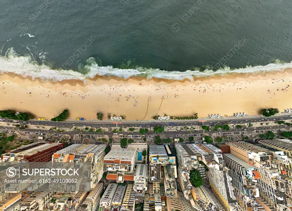 Aerial view of Copacabana beach shore, Rio de Janeiro, Brazil