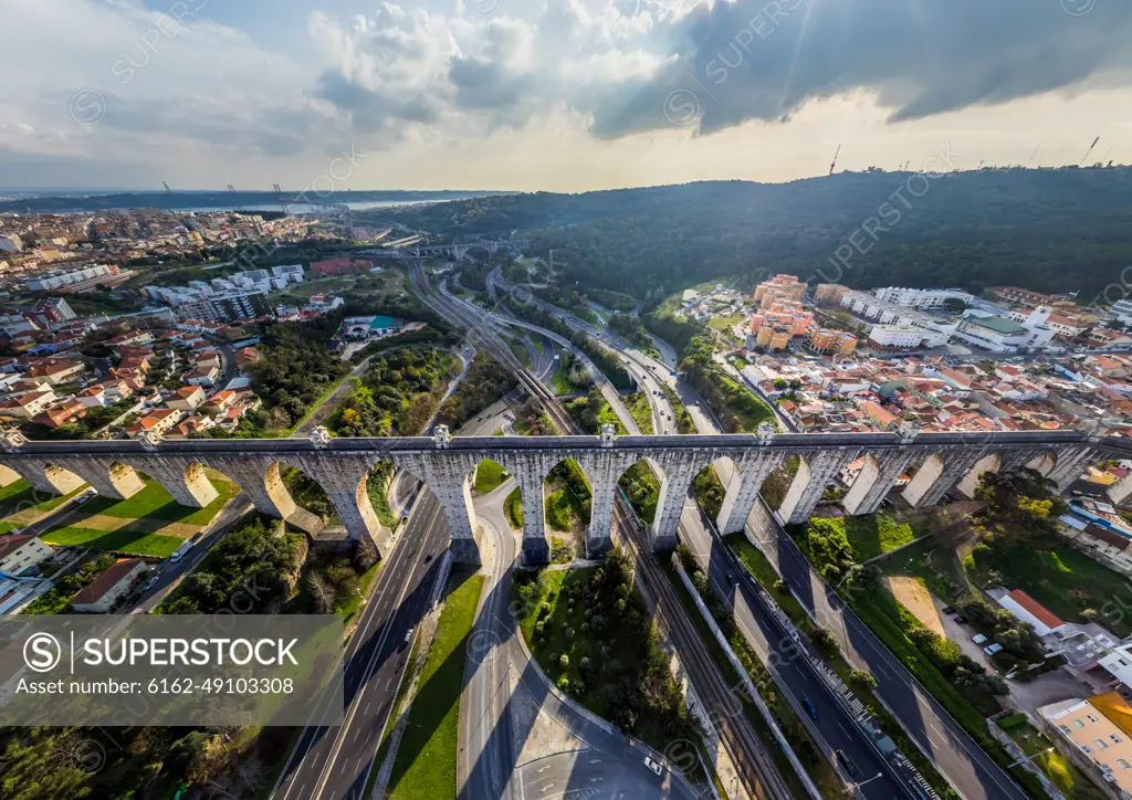 Panoramic aerial view of the Águas Livres Aqueduct, Lisbon, Portugal.