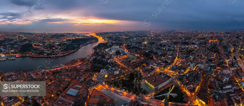 Panoramic aerial view of Porto cityscape during night, Portugal