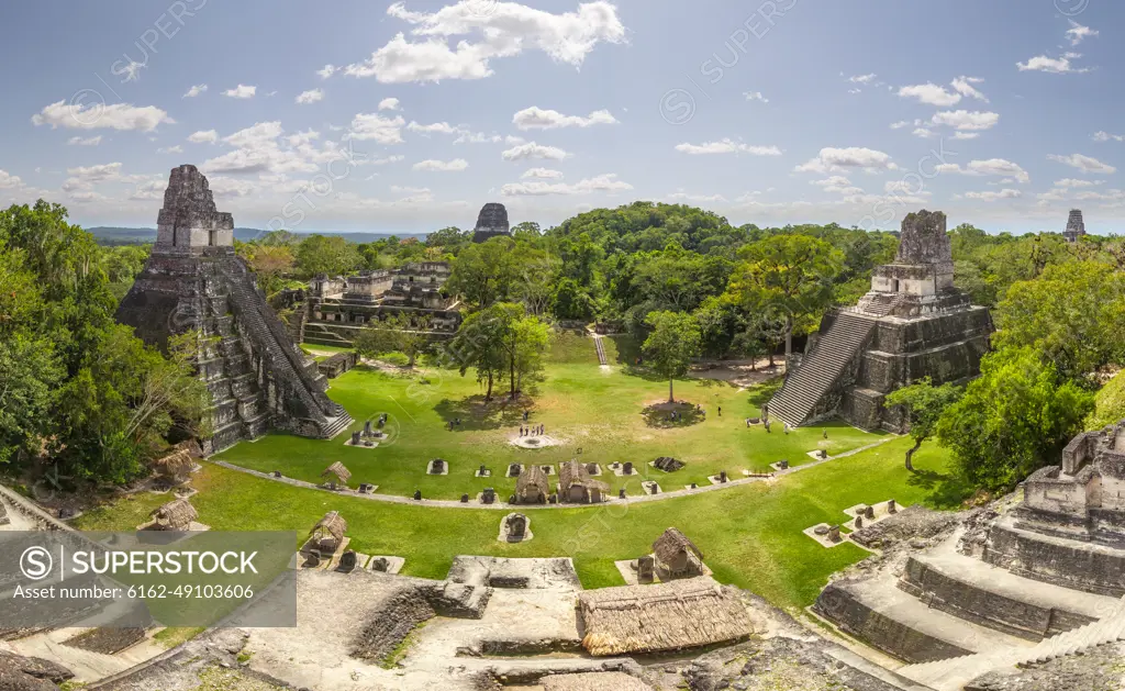 Aerial view of Maya Pyramids, Tikal, Guatemala