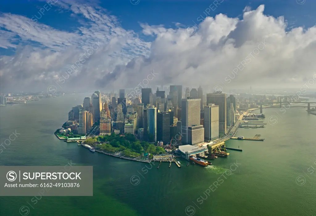 Aerial view of Hudson river in Manhattan during cloudy day, New York, USA