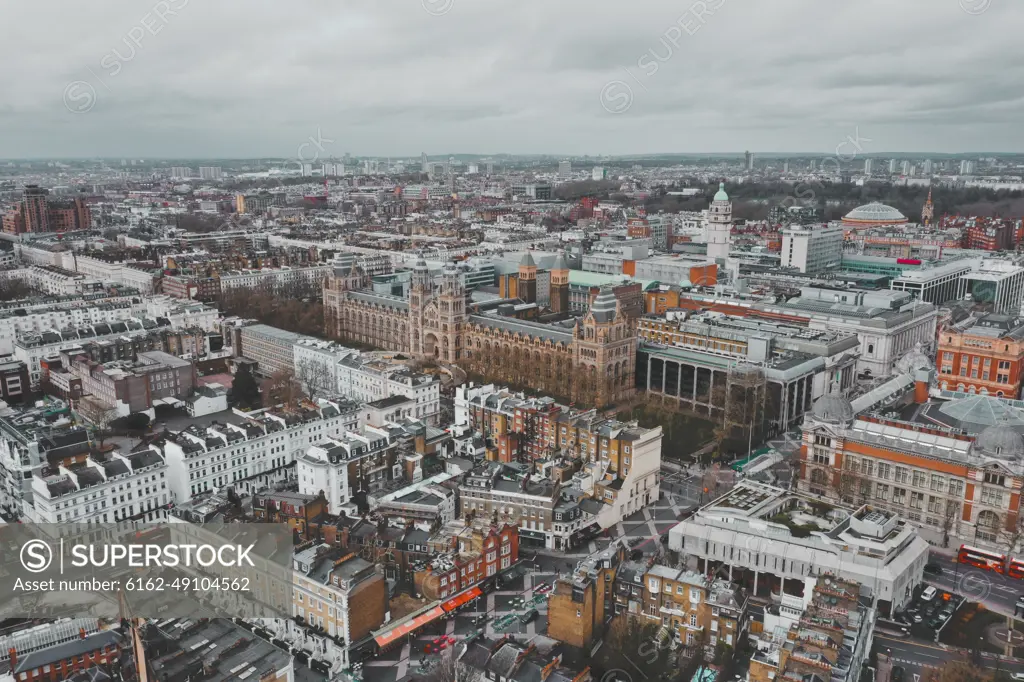 Aerial view of the Natural History Museum Ice Rink, with colourful roofs in London