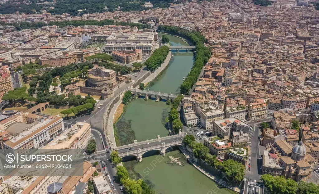 Aerial view of rooftops and river in Rome, Italy.