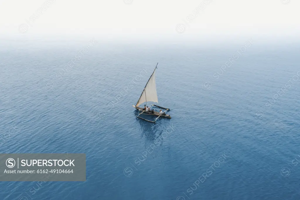 Aerial view of sailing boat near Diani Beach, Kenya.