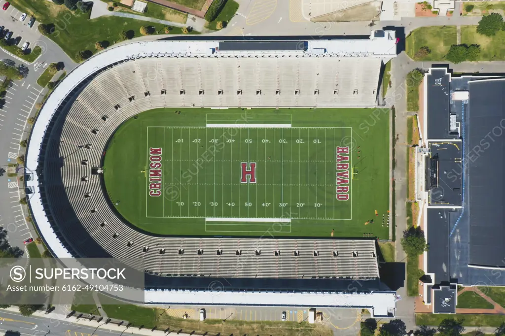 Harvard, USA - 03 September 2022: Aerial view of Harvard's football stadium.