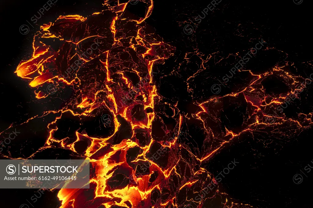 Aerial view of the lava from Geldingadalir Volcano during an eruption, Southern Peninsula Region, Iceland.