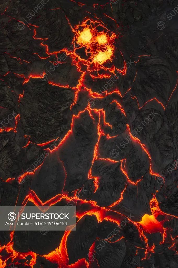 Aerial view of the lava from Geldingadalir Volcano during an eruption, Southern Peninsula Region, Iceland.