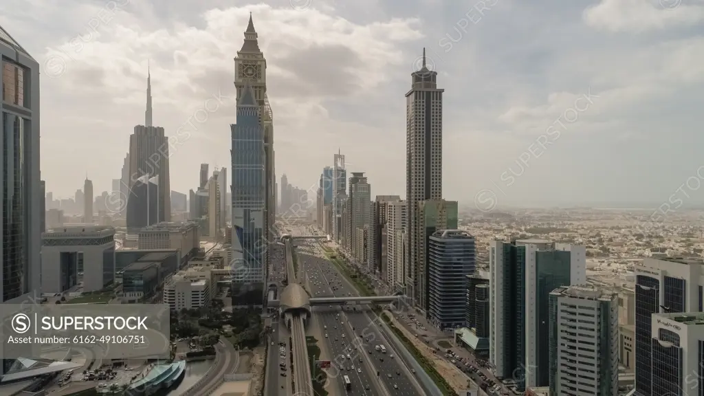 Aerial view of skyscrapers in Dubai, United Arab Emirates.