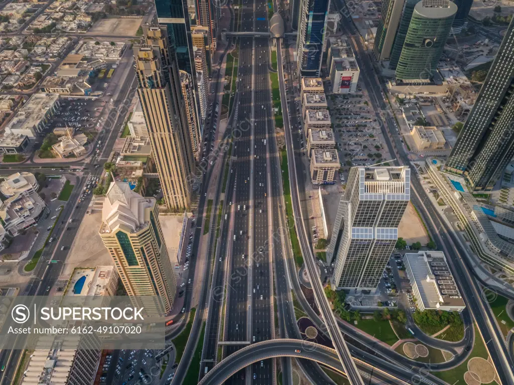 Aerial view of the traffic lanes and Skyscrapers in Dubai, U.A.E.