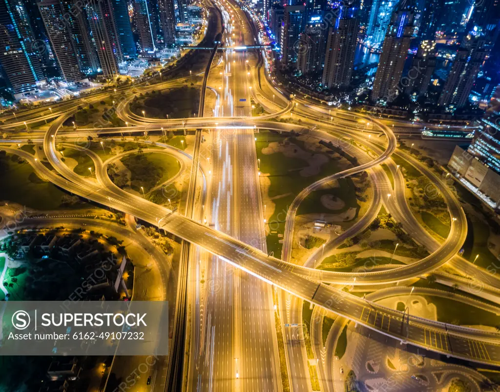 Aerial view of the traffic at night in Dubai, U.A.E.