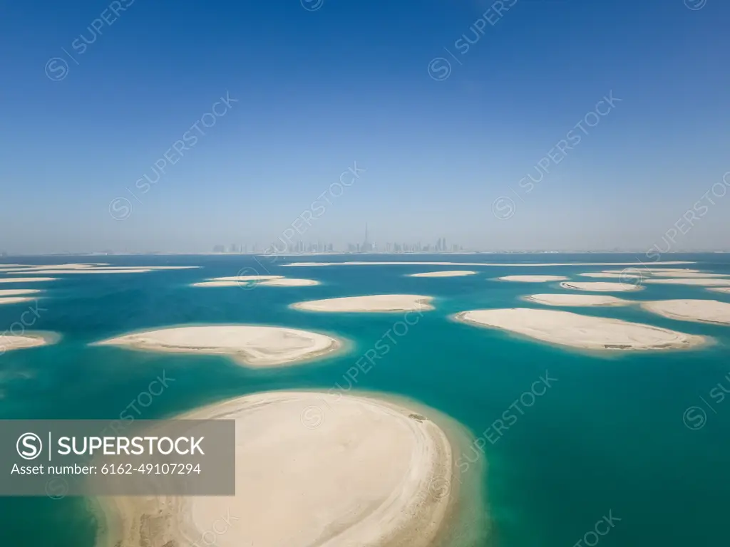 Aerial view of The World Islands in Dubai, United Arab Emirates.