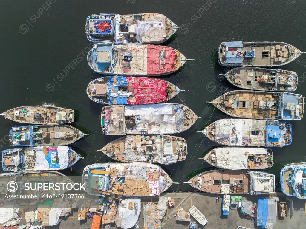 Aerial view of The Dubai Dhow Wharfage harbour in United Arab Emirates.