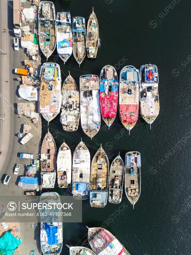 Aerial view of The Dubai Dhow Wharfage harbour in United Arab Emirates.