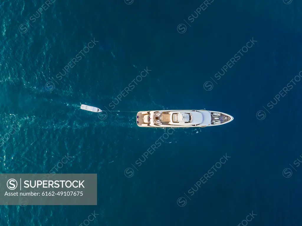 Aerial view of a yacht in the persian gulf in Dubai, U.A.E.