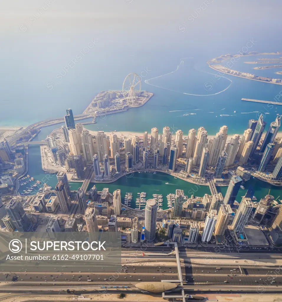 Aerial view of Dubai Marina and Bluewaters island in Dubai, U.A.E.