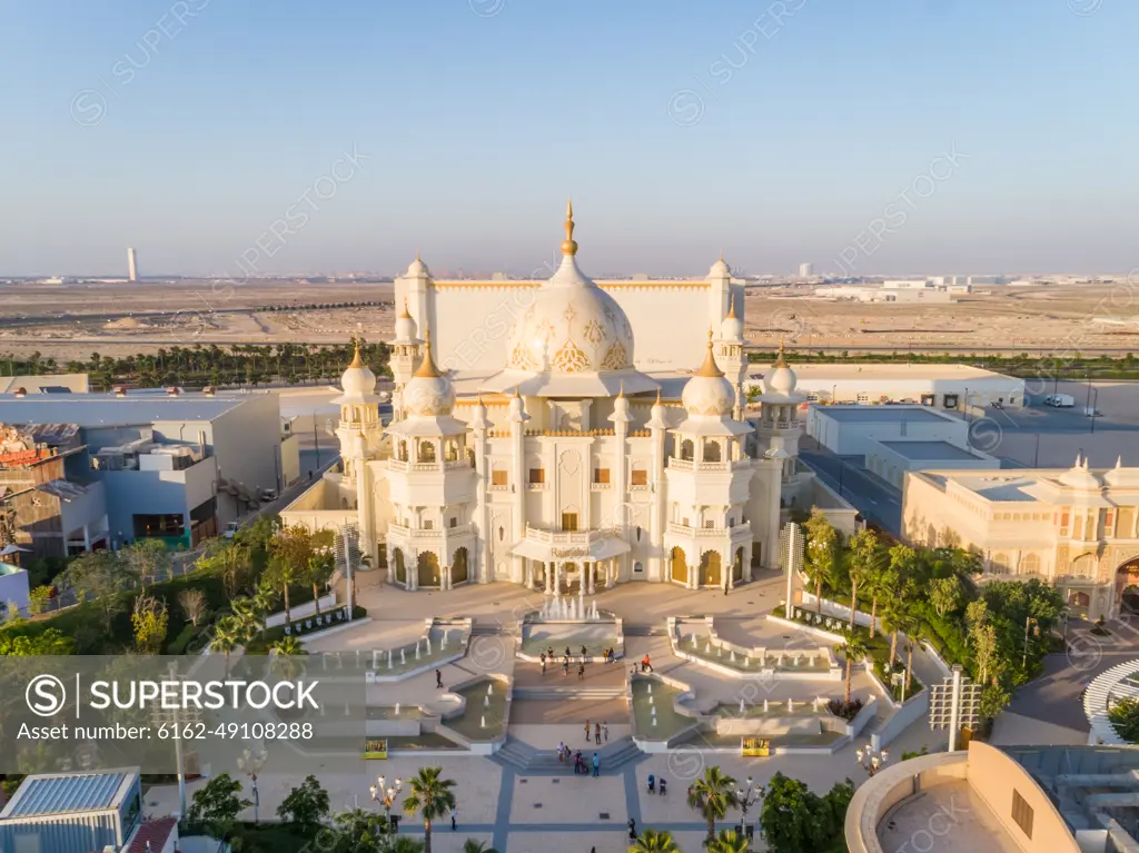 Aerial view of Indian styled building in Bollywood Parks Dubai, UAE.