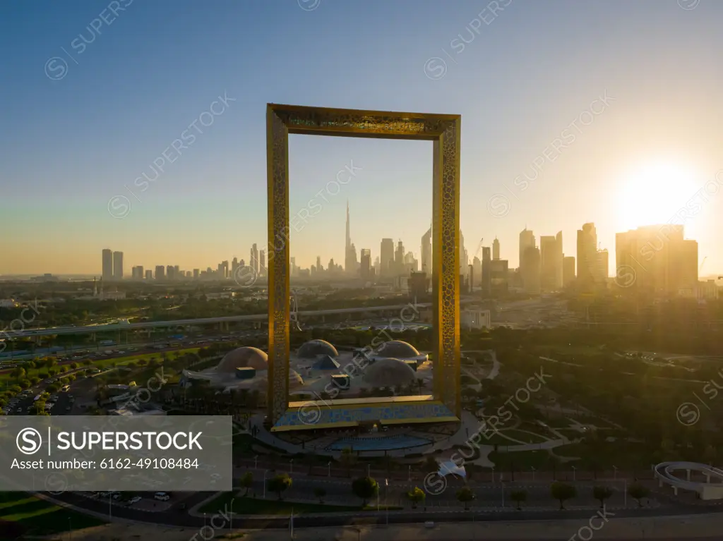 Aerial view of Dubai frame landmark during the sunset, Dubai, U.A.E