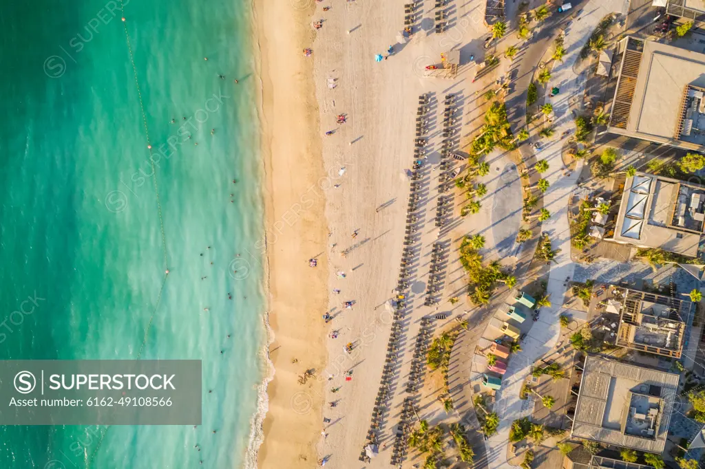 Aerial view of a luxury beach with palm trees, Dubai, U.A.E.